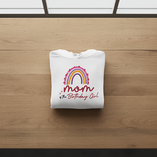 A white hoodie with a colorful graphic and text printed on it, laid out on a wooden surface.
