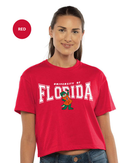 a woman wearing a red florida t - shirt