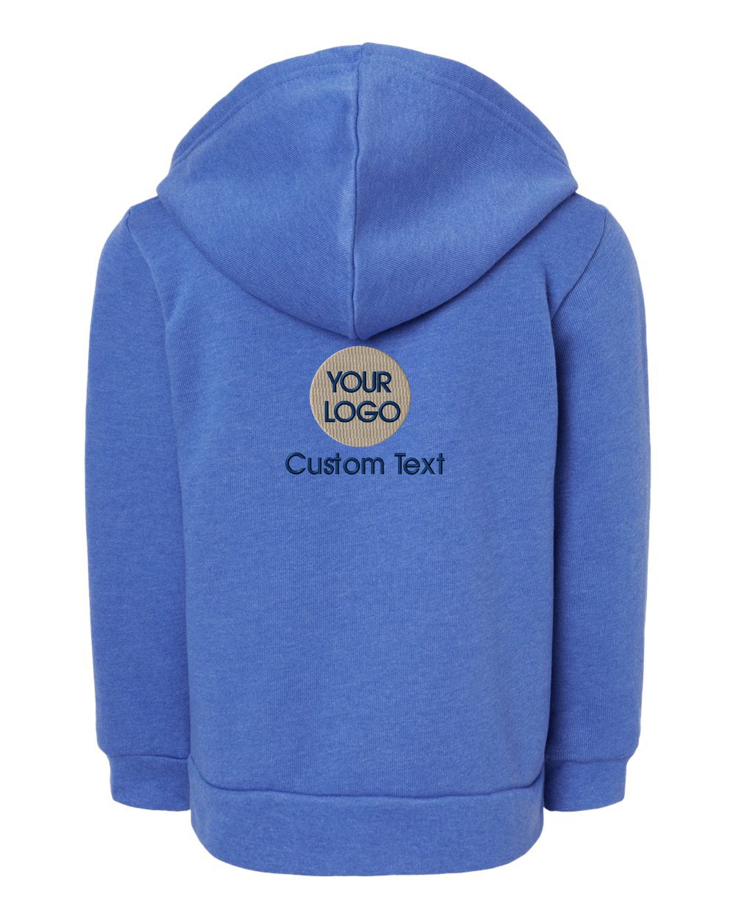 a child's blue hoodie with the words your logo on it