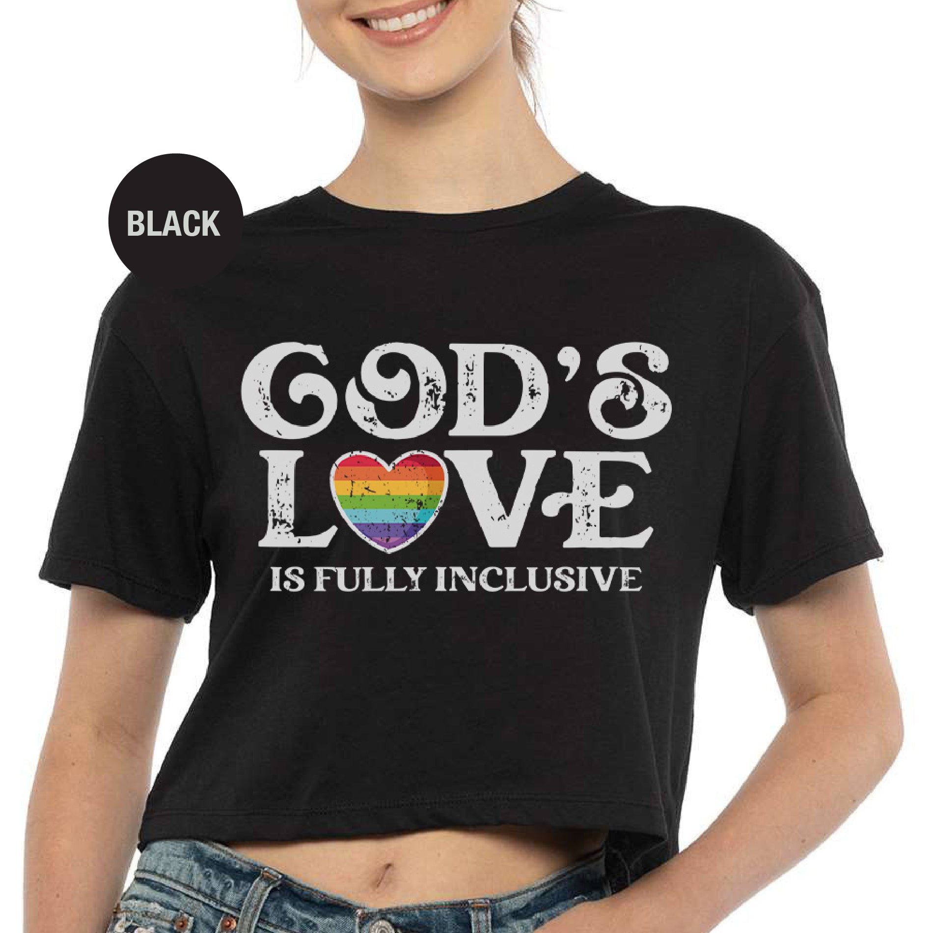 a woman wearing a black shirt that says god's love is fully inclusive