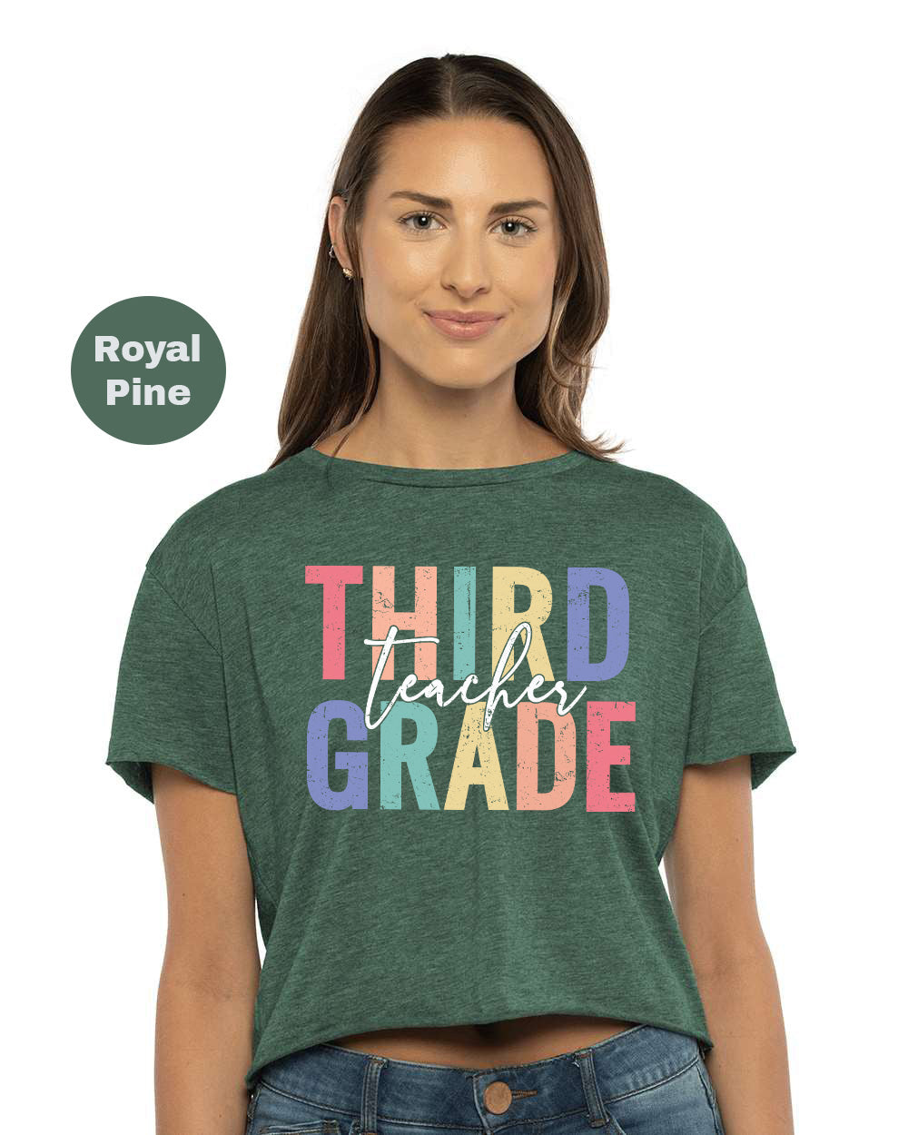 a woman wearing a green shirt that says third grade