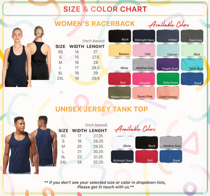 a women's racer tank top with a size guide