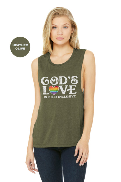 a woman wearing a tank top that says god's love