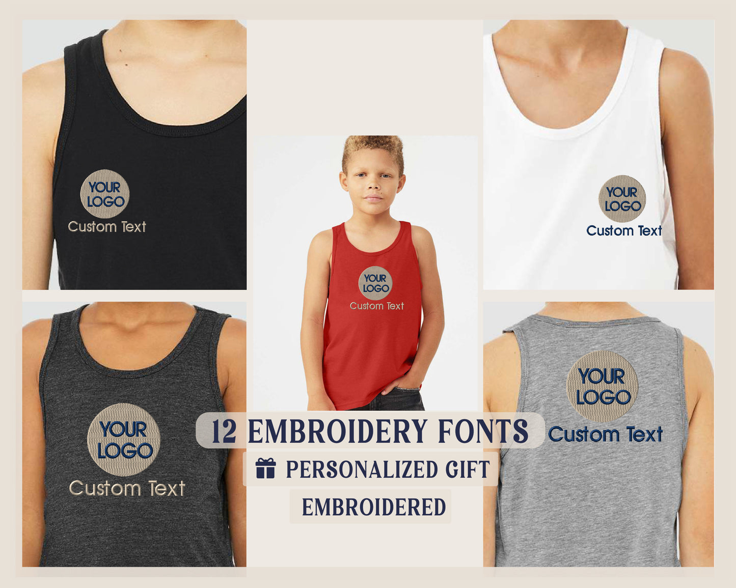 a group of children&#39;s tank tops with custom text