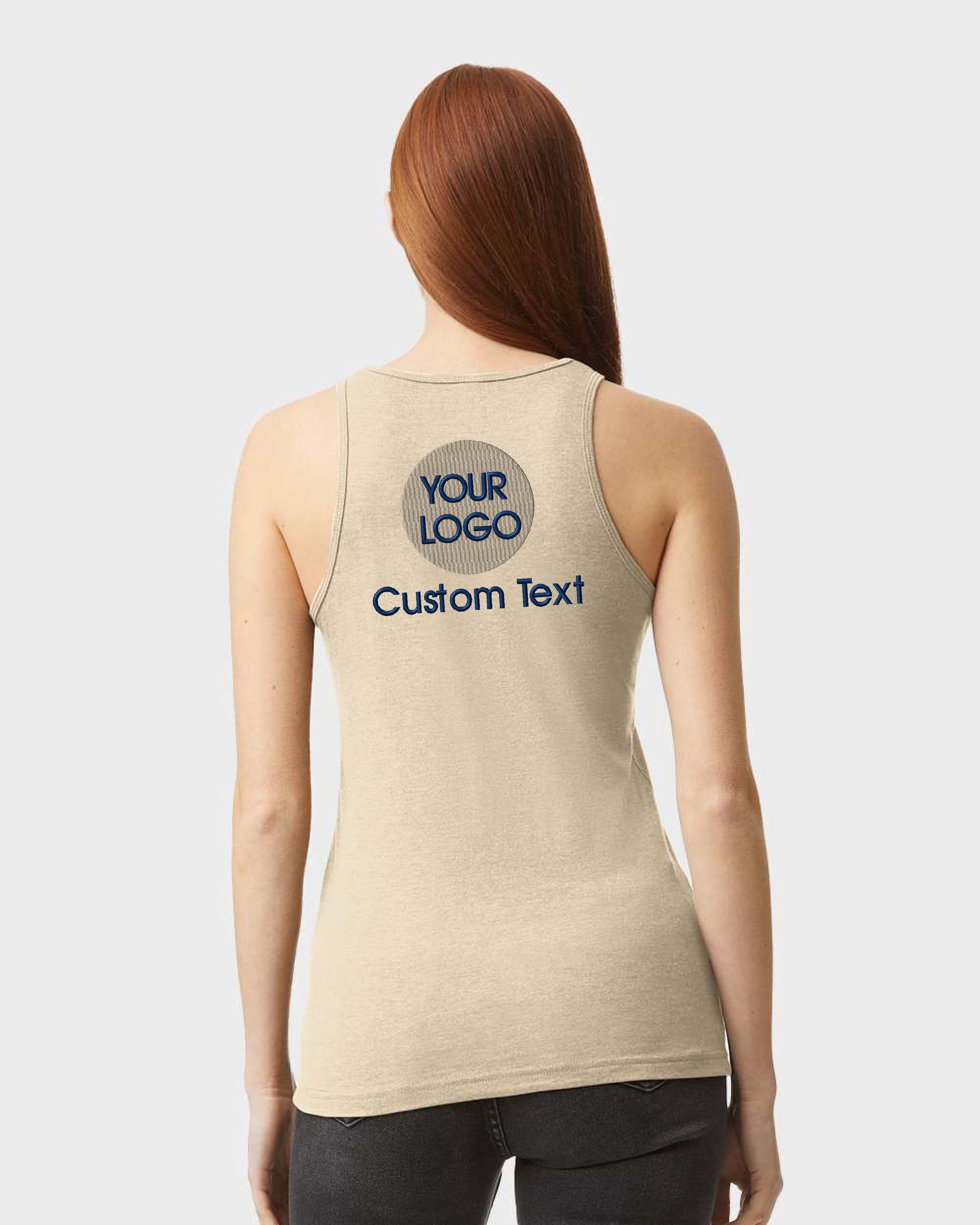 a woman wearing a tank top with a custom text