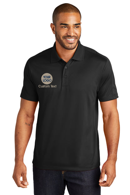 a man wearing a black polo shirt with the words custom text on it