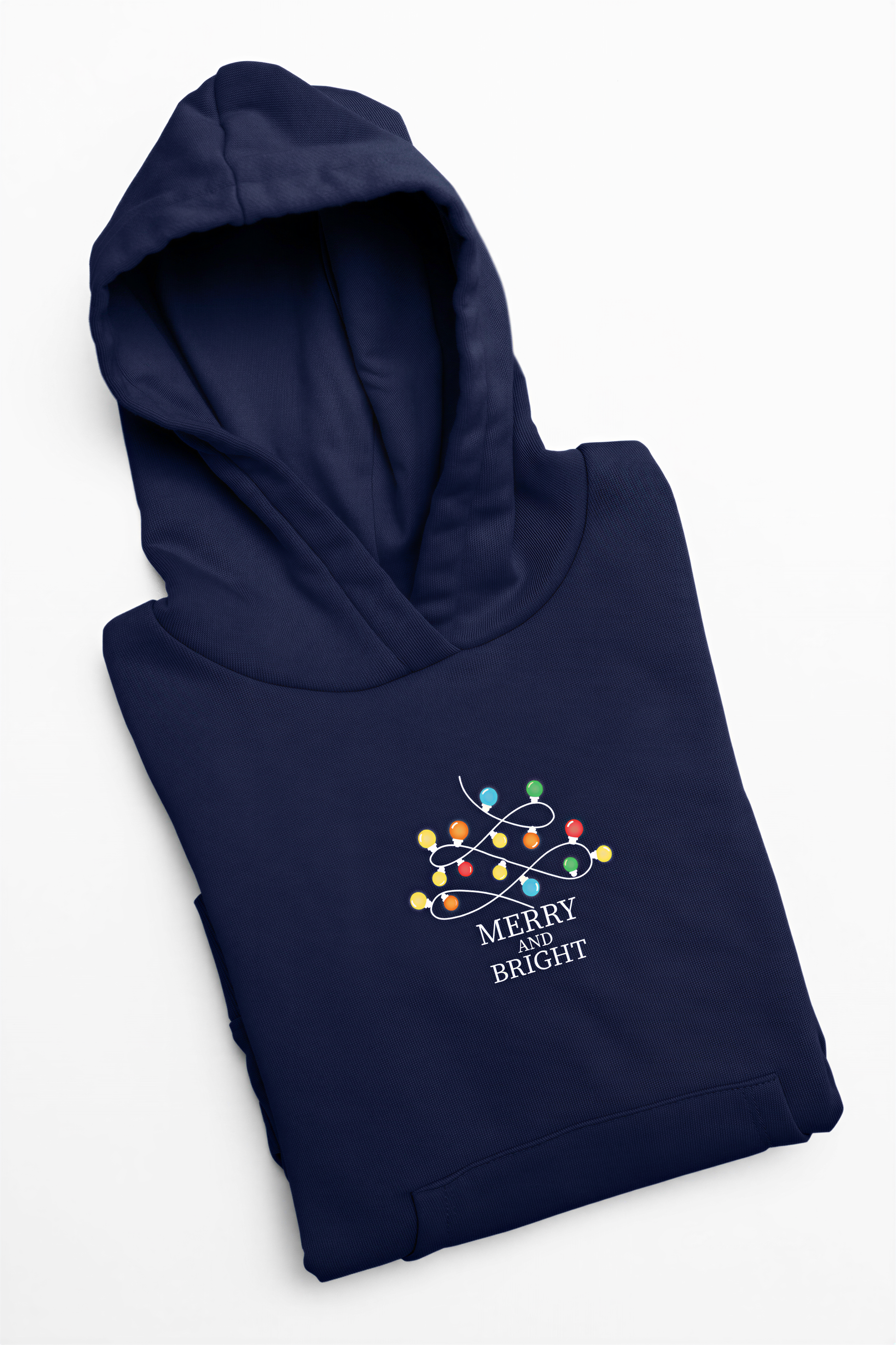 A navy blue hoodie with a hood and a graphic design on the front, featuring a Christmas tree with colorful lights.