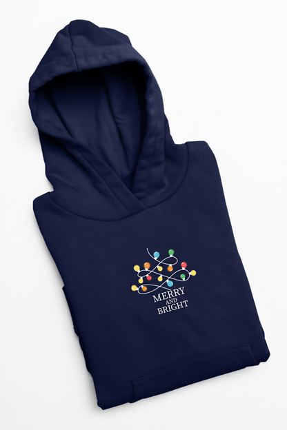 A navy blue hoodie with a hood and a graphic design on the front, featuring a Christmas tree with colorful lights.