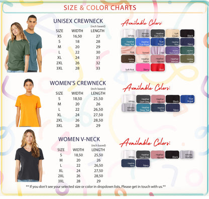 a collection of size and color charts for men's and women's crew necks and v-necks. The charts provide available color options for different neck and v-neck sizes, including various color combinations and styles.