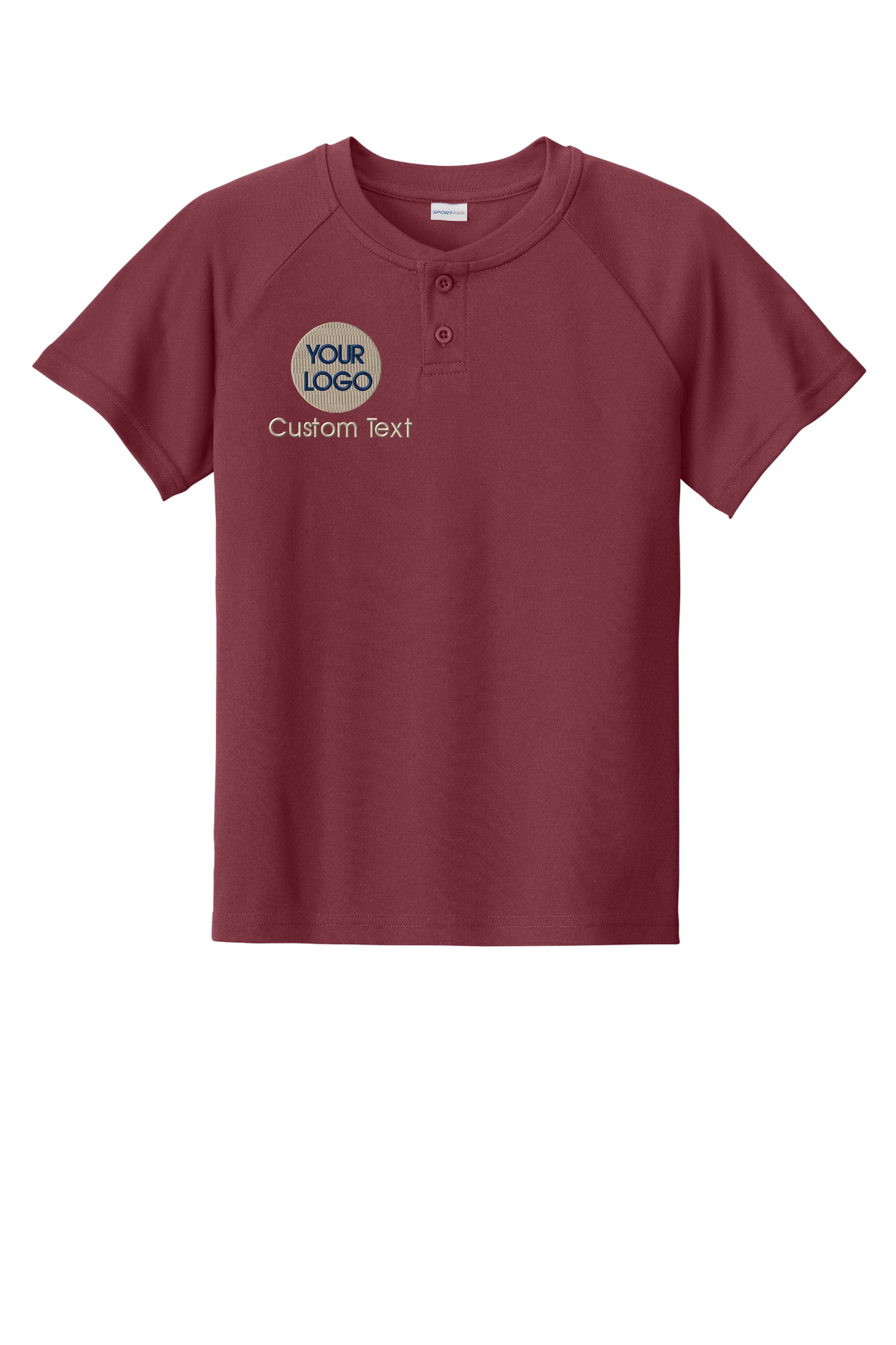 a red shirt with the words custom text on it