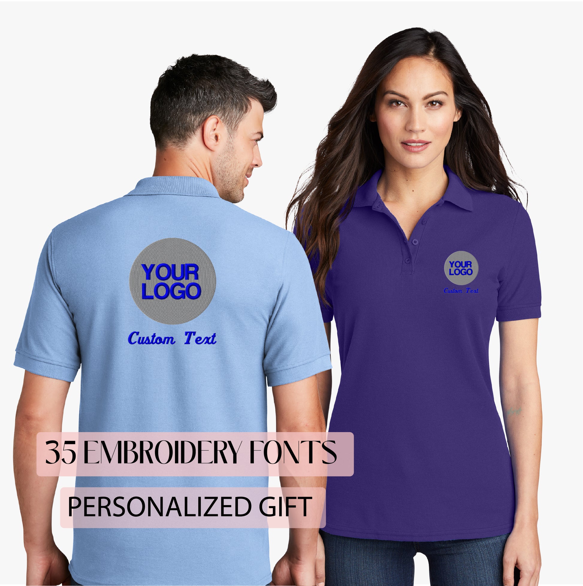 a man and a woman wearing custom polo shirts