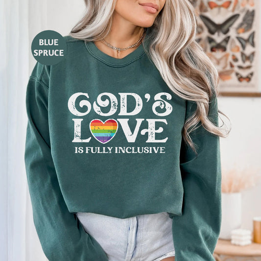 a woman wearing a green sweatshirt that says god's love is fully inclusive