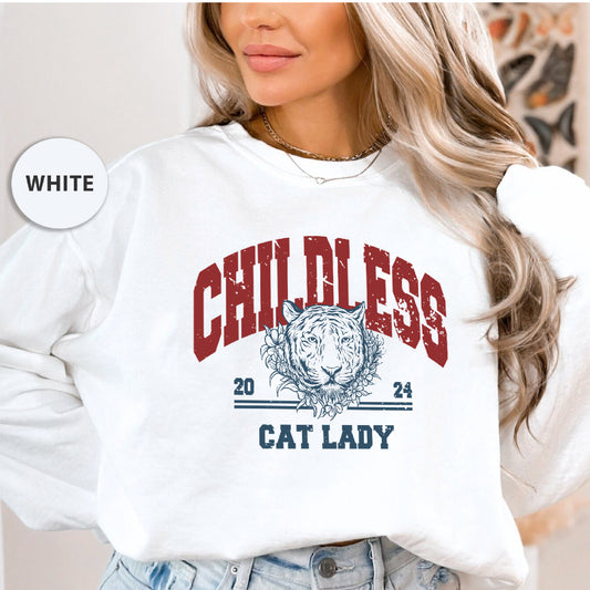 a woman wearing a white sweatshirt with a cat lady on it