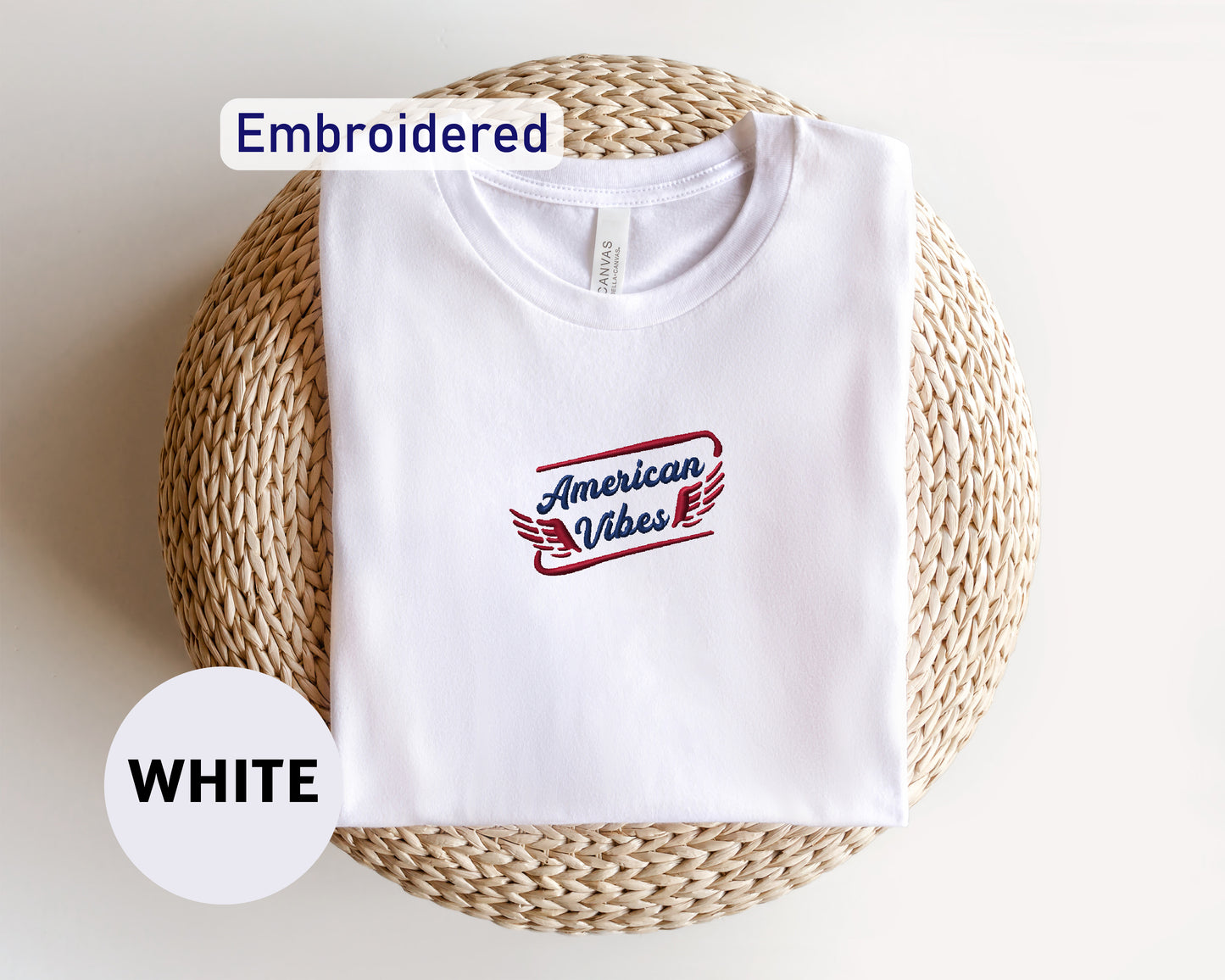 A white t-shirt with the text "American Vibes" printed on it, along with a woven basket.