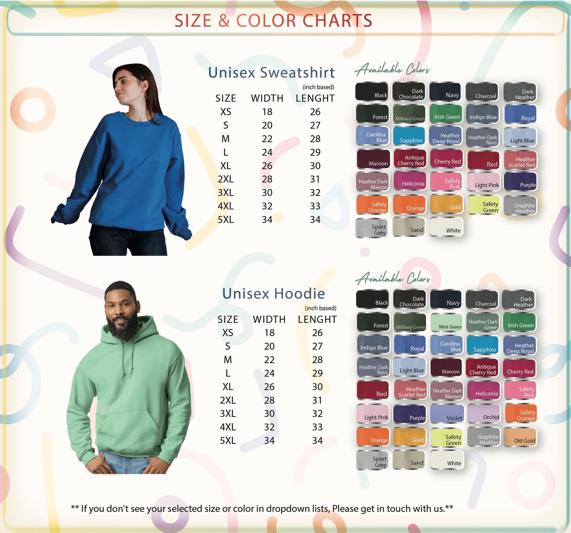 The image is a size and color chart for sweatshirts and hoodies, providing a visual guide for selecting the appropriate size and color based on the individual's measurements.
