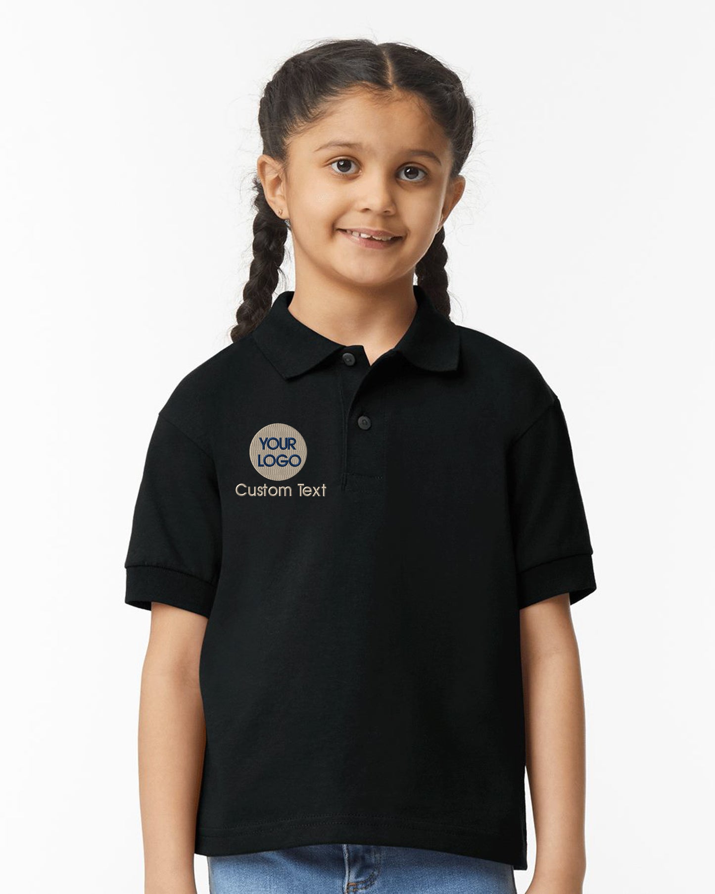 a young girl wearing a black polo shirt