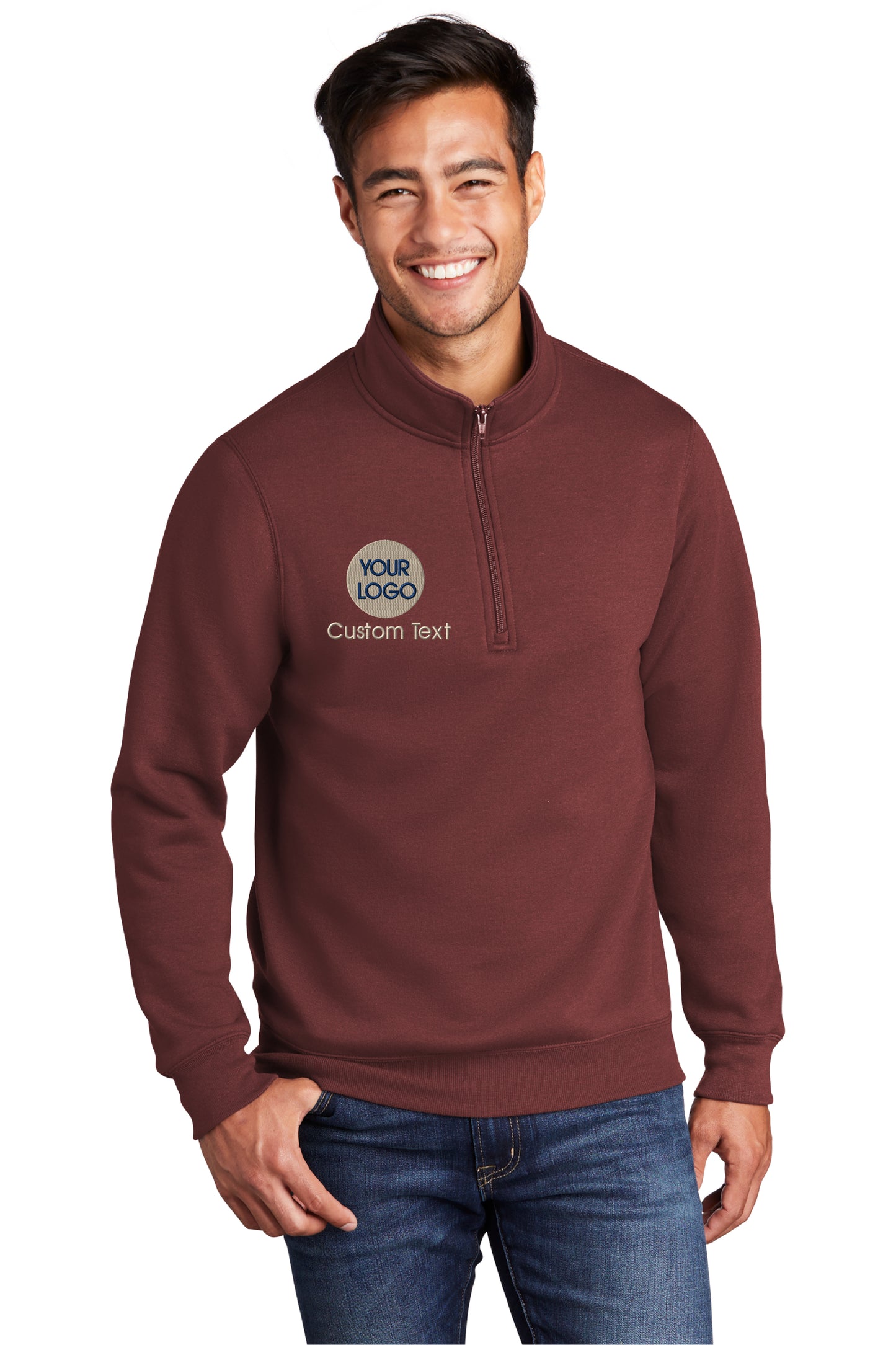 a smiling man wearing a maroon sweatshirt with a white logo on it