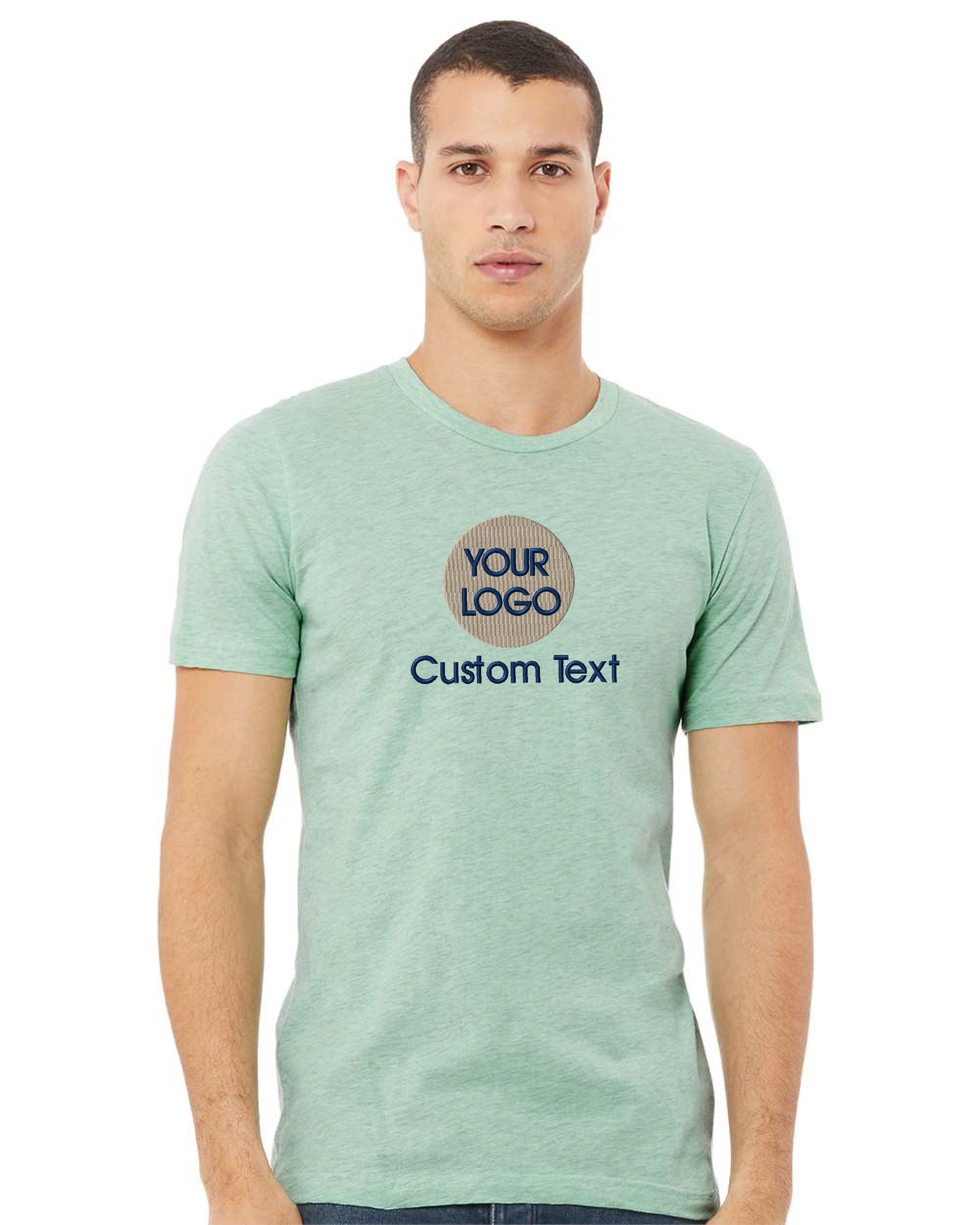 a man wearing a green t - shirt with the words your logo on it