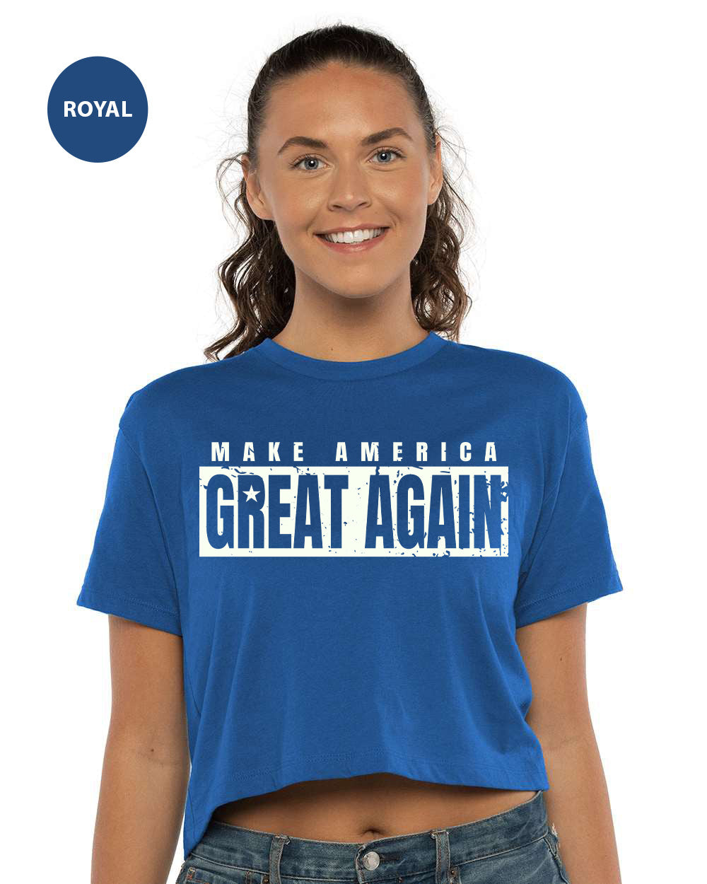 a woman wearing a blue shirt that says make america great again