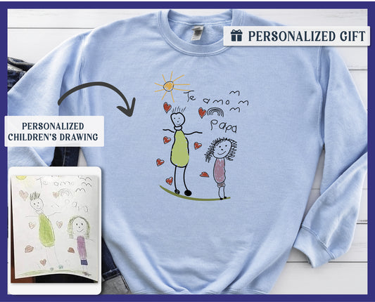 a blue shirt with a drawing of a person and a child