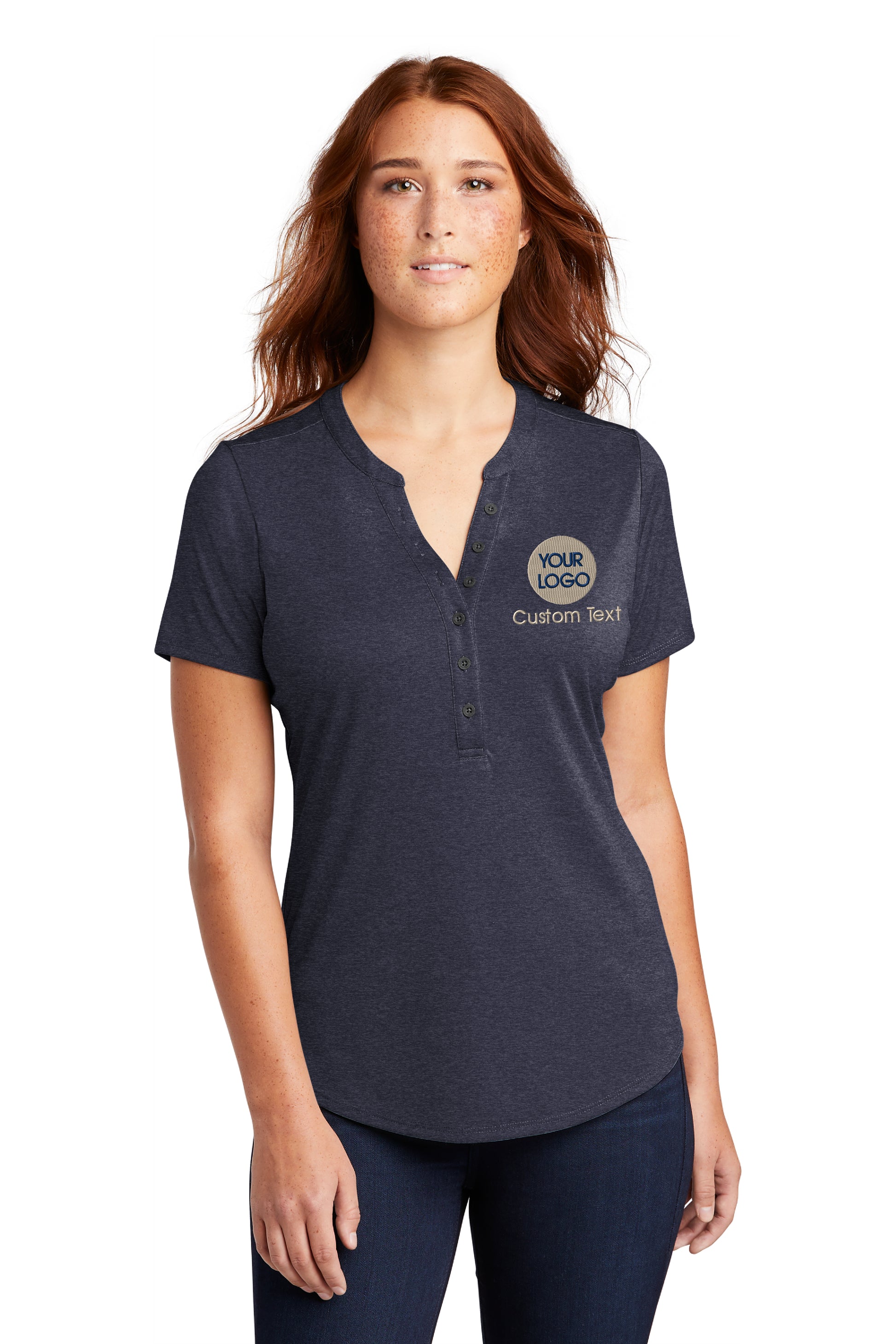 a woman wearing a polo shirt with a logo on it