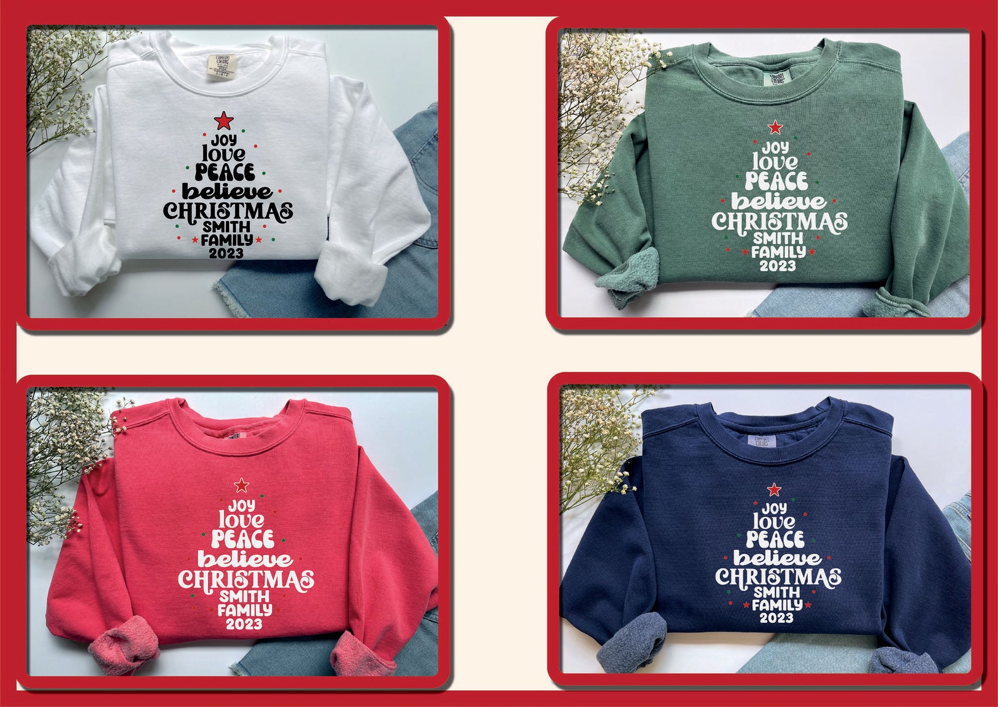 four different Christmas-themed sweatshirts, each with a unique design and color. The sweatshirts feature the text "Love Peace believe Christmas Family 2019" and "Joy Love Peace believe Christmas Family 2019" printed on them. The sweatshirts are displayed in a collage format, with each image showcasing a different design and color scheme.
