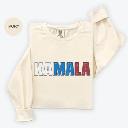 a white sweatshirt with the word kaamala printed on it