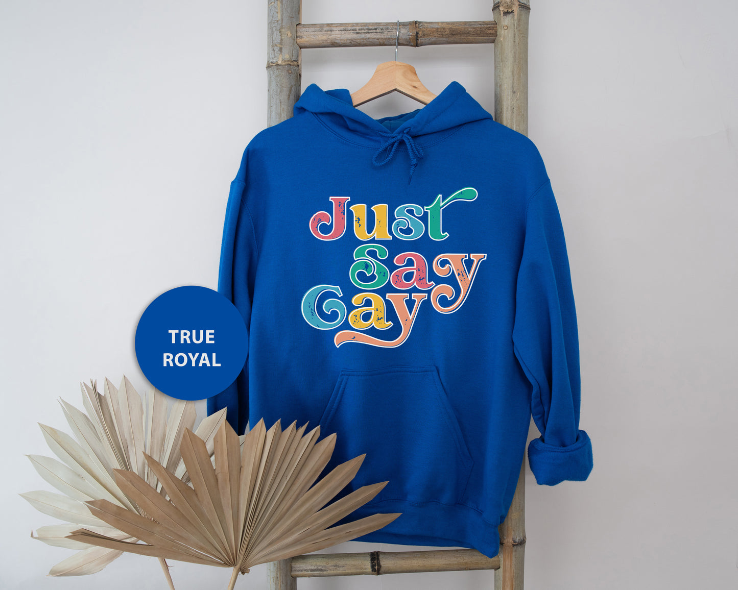 a blue hoodie with the words just say gay on it