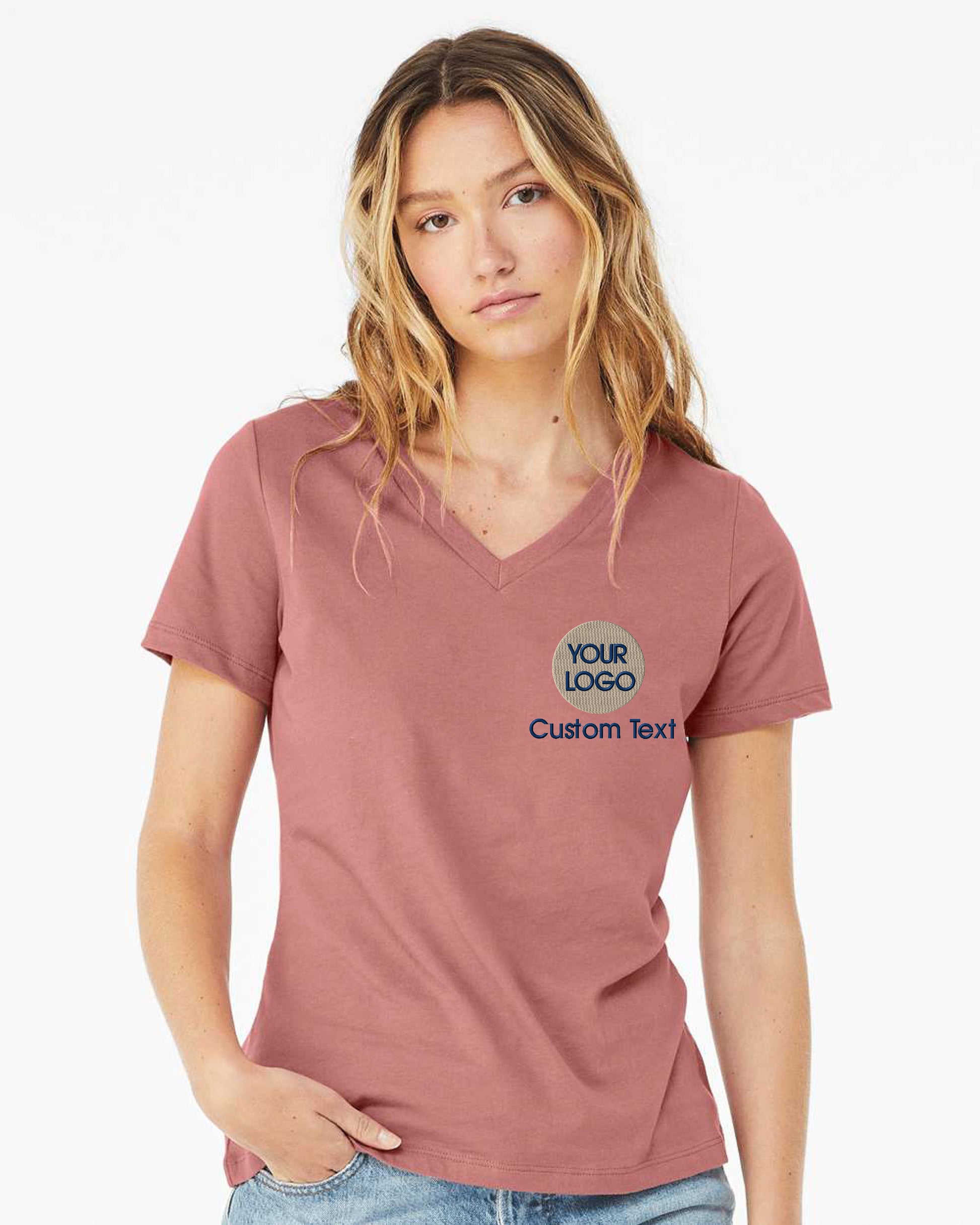 a woman wearing a pink t - shirt that says your logo is custom text