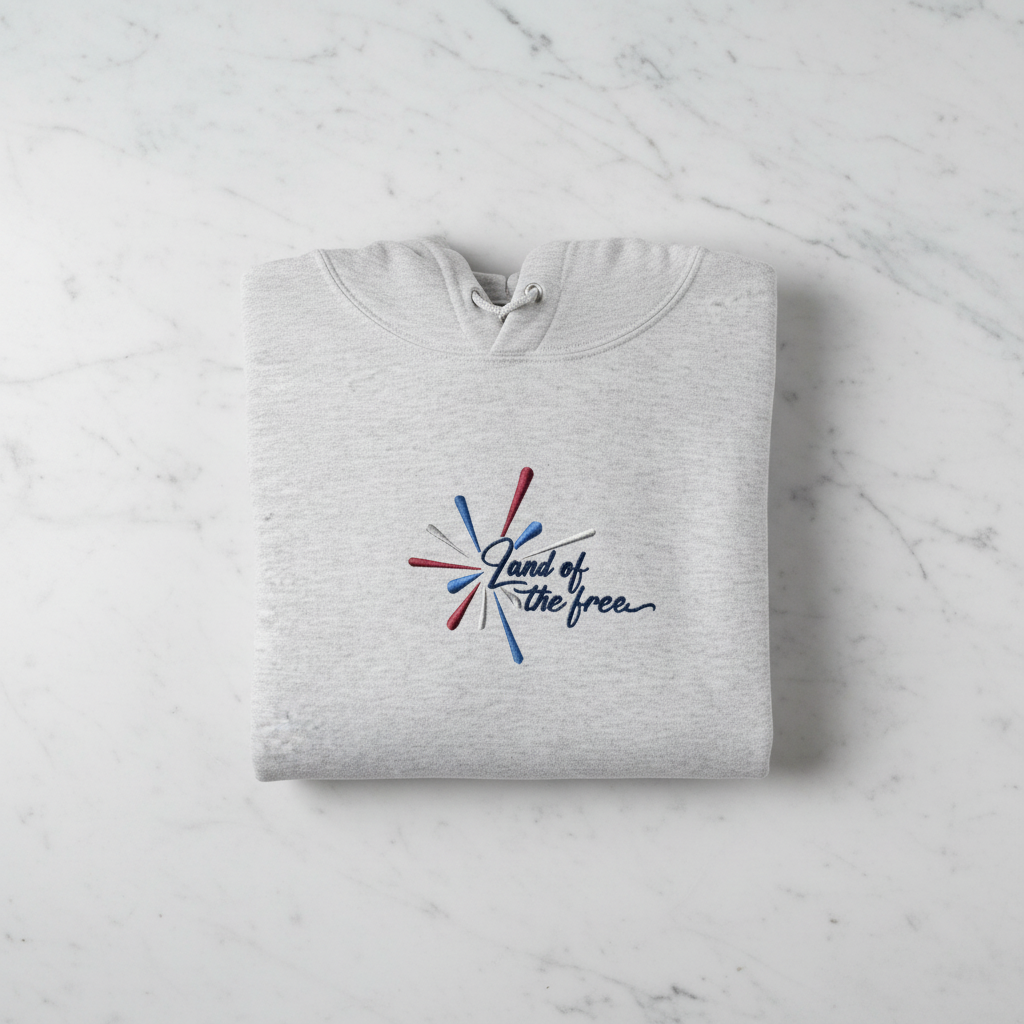 A gray hoodie with a graphic design and text printed on it, laid out on a marble surface.