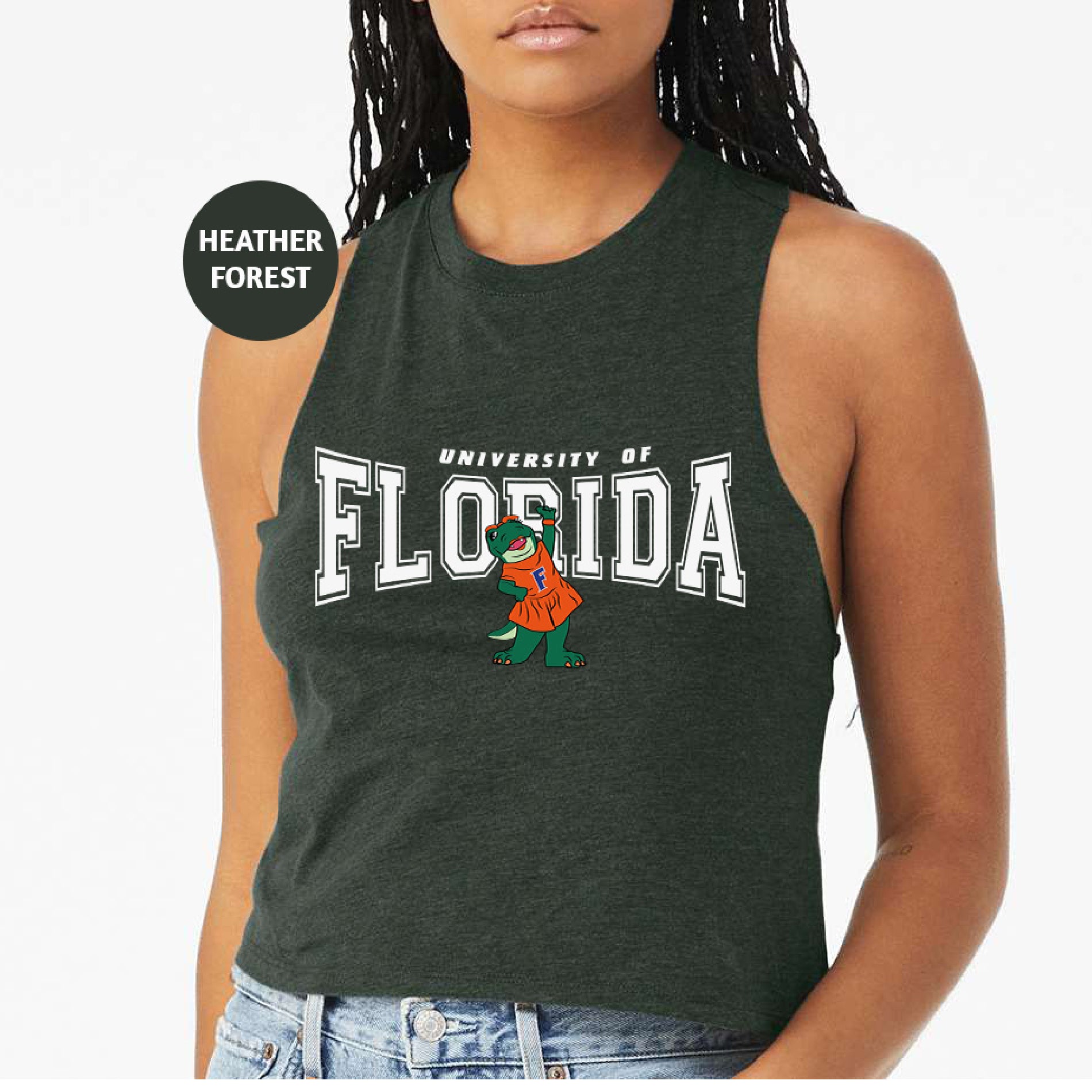 a woman wearing a tank top that says university of florida