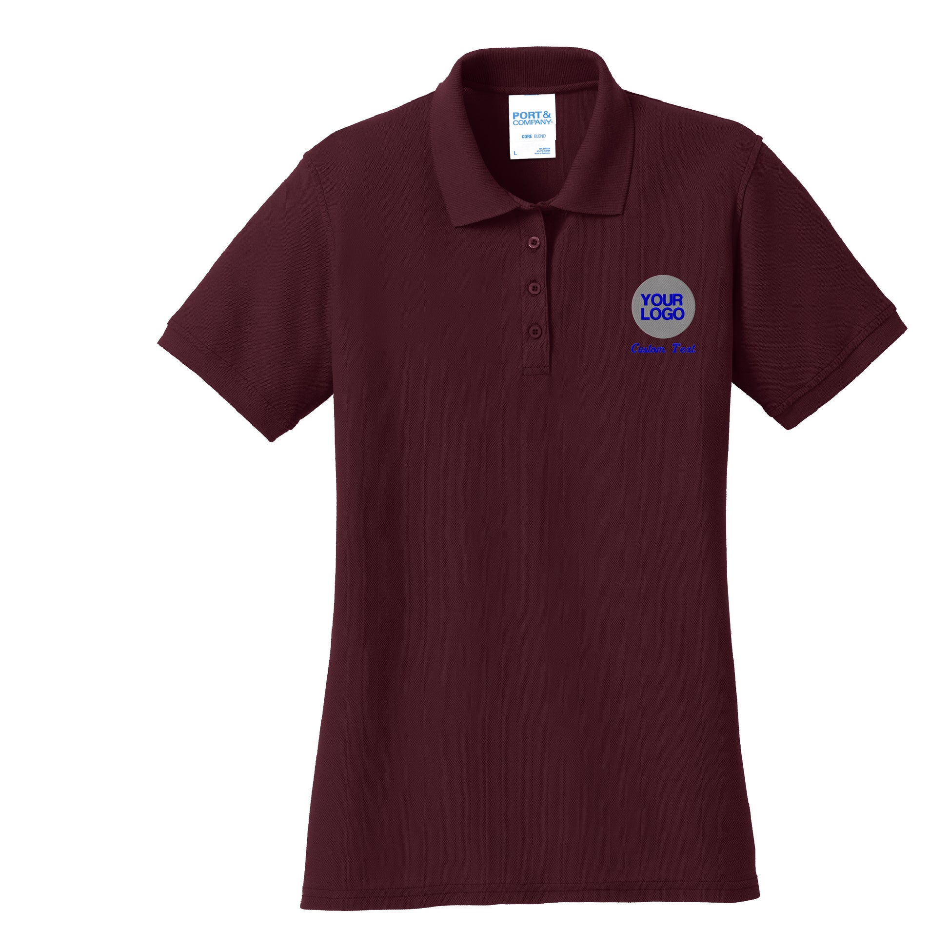 a maroon polo shirt with a blue and white logo