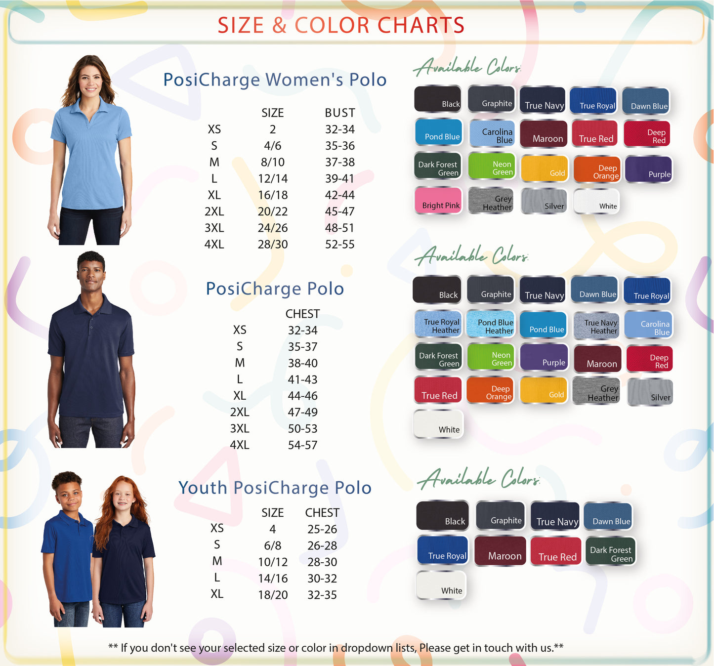 a women's polo shirt with different colors and sizes