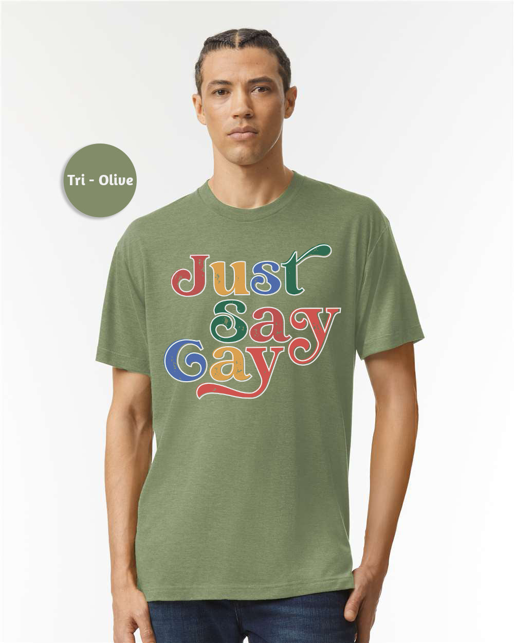 a man wearing a green t - shirt that says just easy