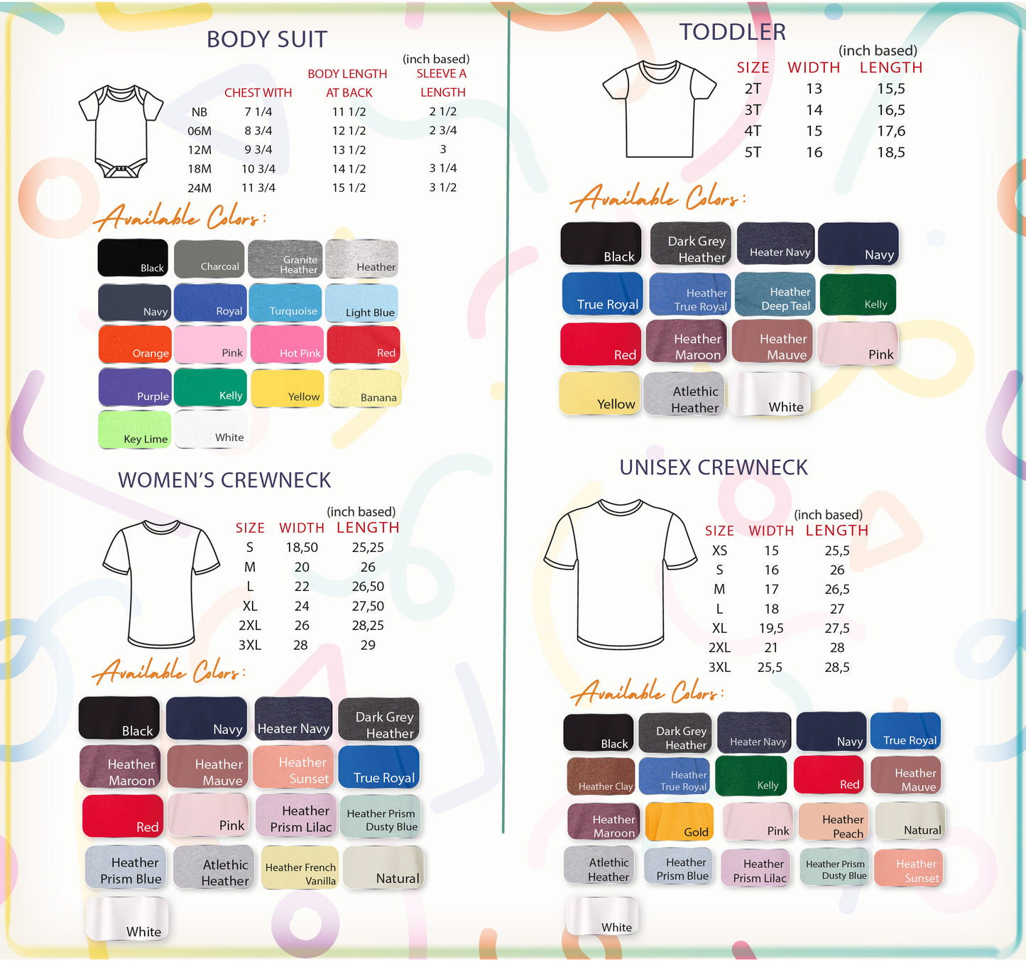 a collection of clothing items, including a body suit, a toddler suit, and a crewneck, along with their corresponding sizes and available colors.