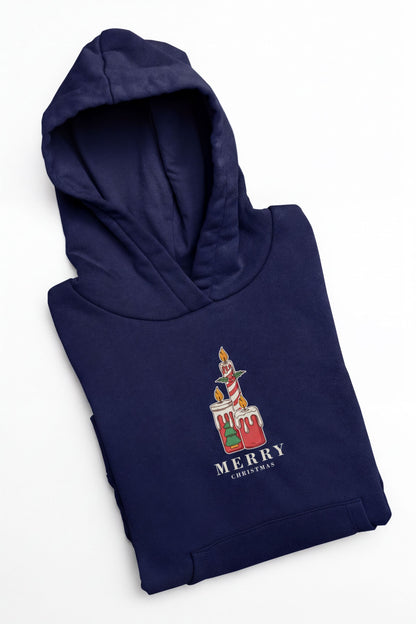 A navy blue hoodie with a graphic design and text on the front.