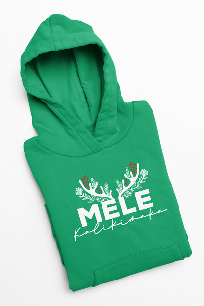 A green hoodie with white text and floral designs.