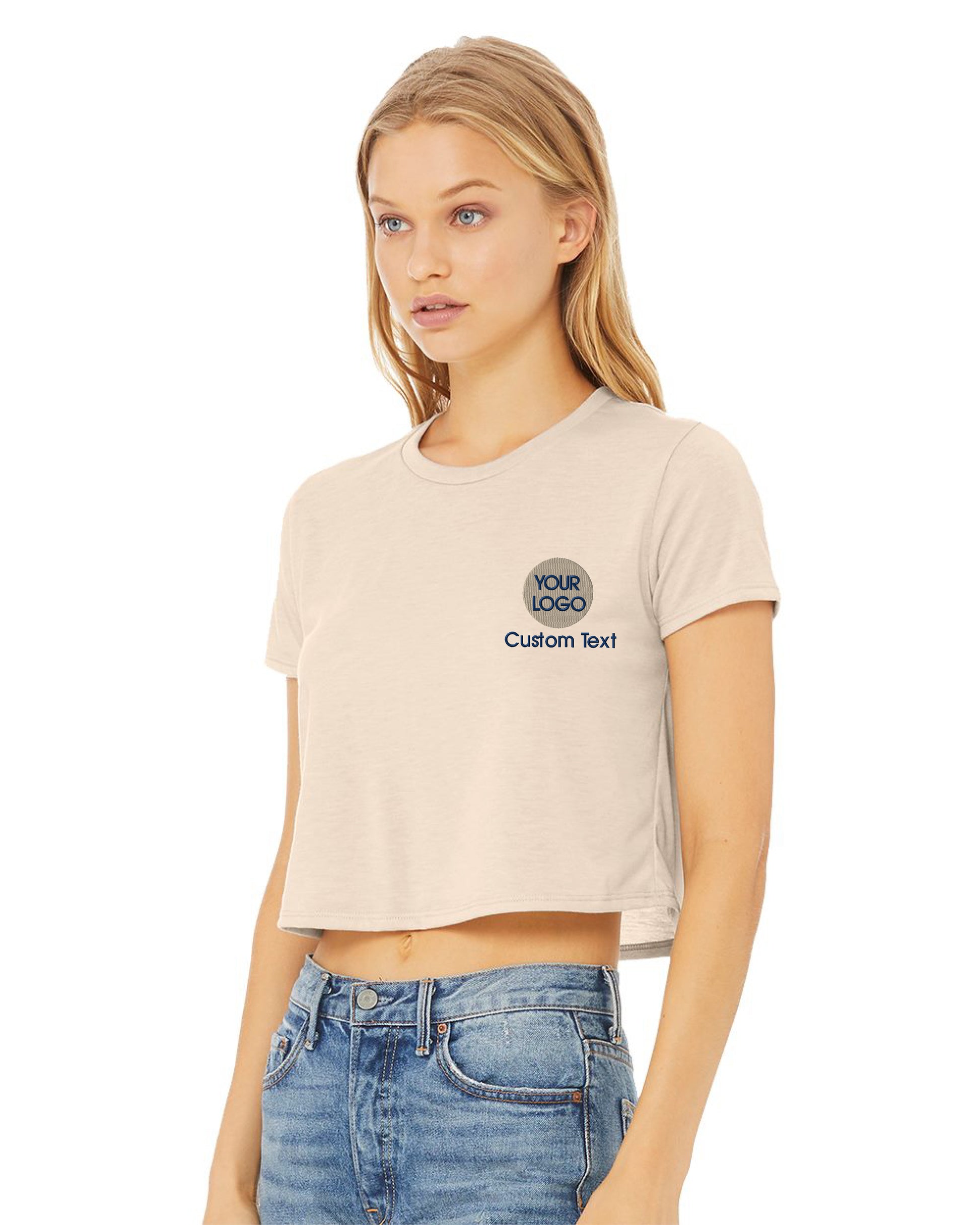 a woman wearing a crop top with a slogan on it