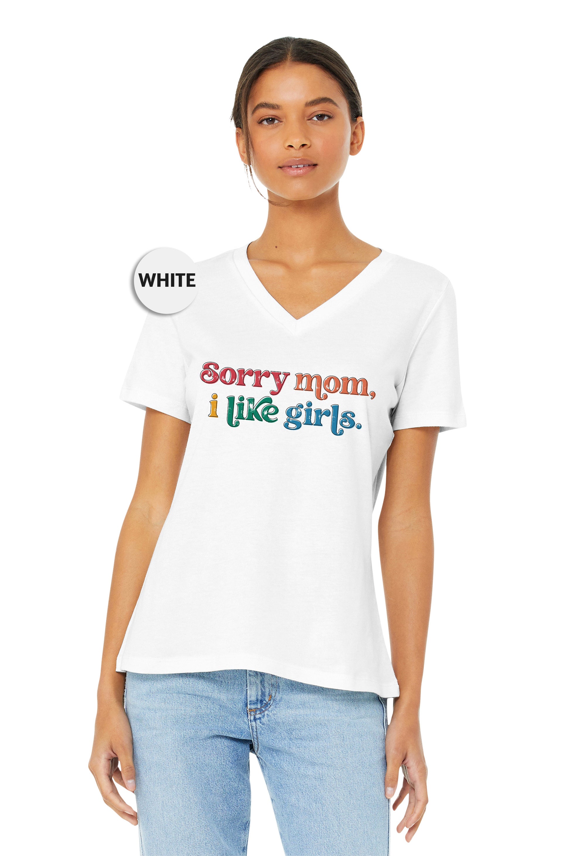 a woman wearing a white shirt that says sorry mom like girls