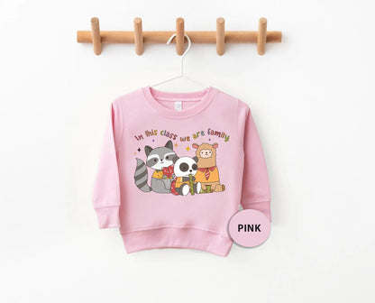 a pink sweatshirt hanging on a wooden hanger