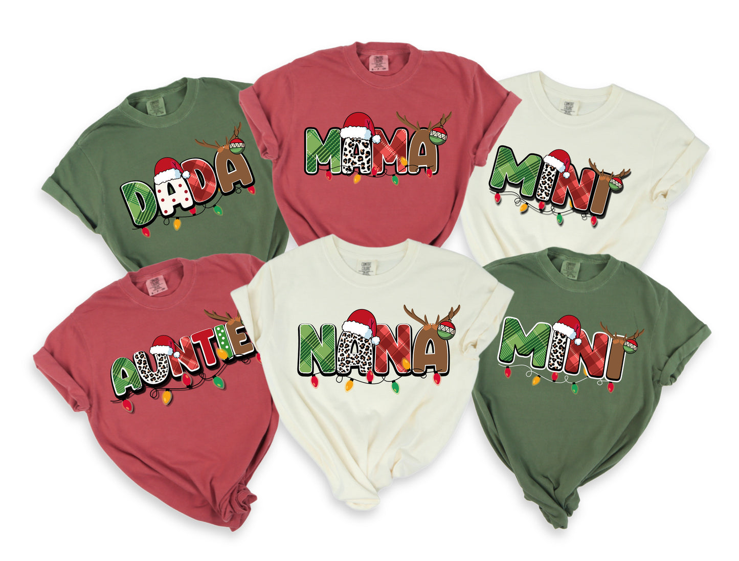 a collection of six t-shirts, each with a unique design and color, arranged in two rows of three. The t-shirts feature the word "Mama" in a festive style, with Christmas lights and reindeer decorations.