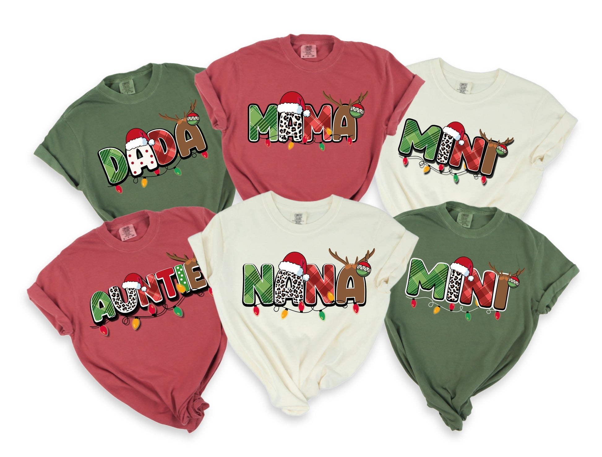 a collection of six t-shirts, each with a unique design and color, arranged in two rows of three. The t-shirts feature the word "Mama" in a festive style, with Christmas lights and reindeer decorations.