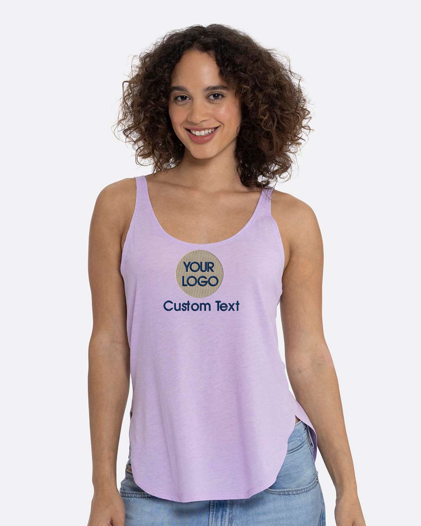 a woman wearing a purple tank top with the words your logo on it