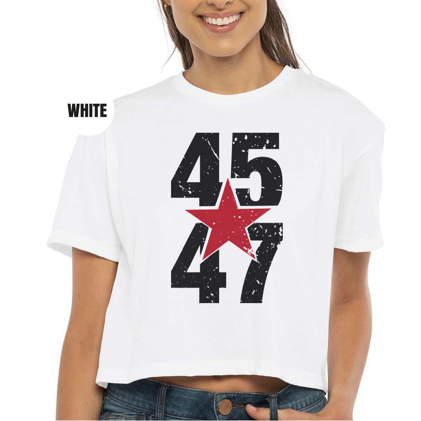 a woman wearing a white crop top with a red star on it