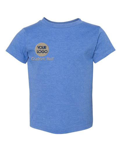 a child&#39;s blue t - shirt with a logo on the chest