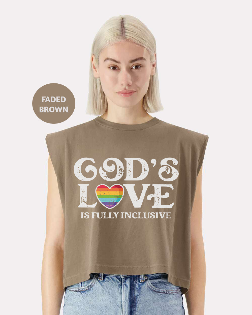 a woman with blonde hair wearing a crop top that says god's love is