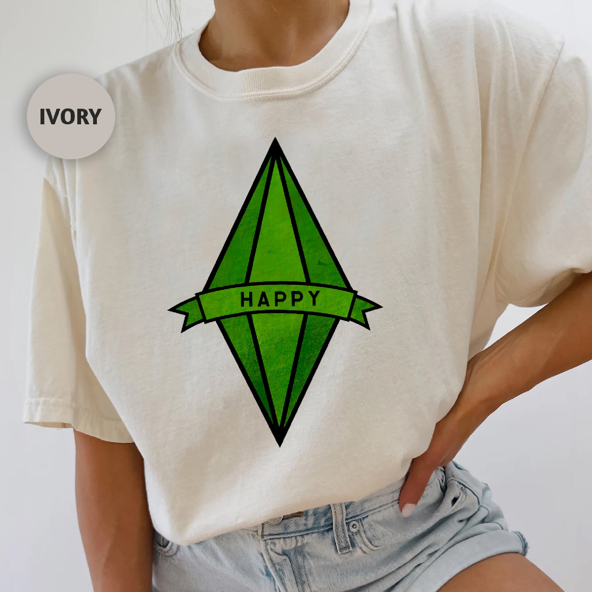 a woman wearing a t - shirt with a happy arrow on it