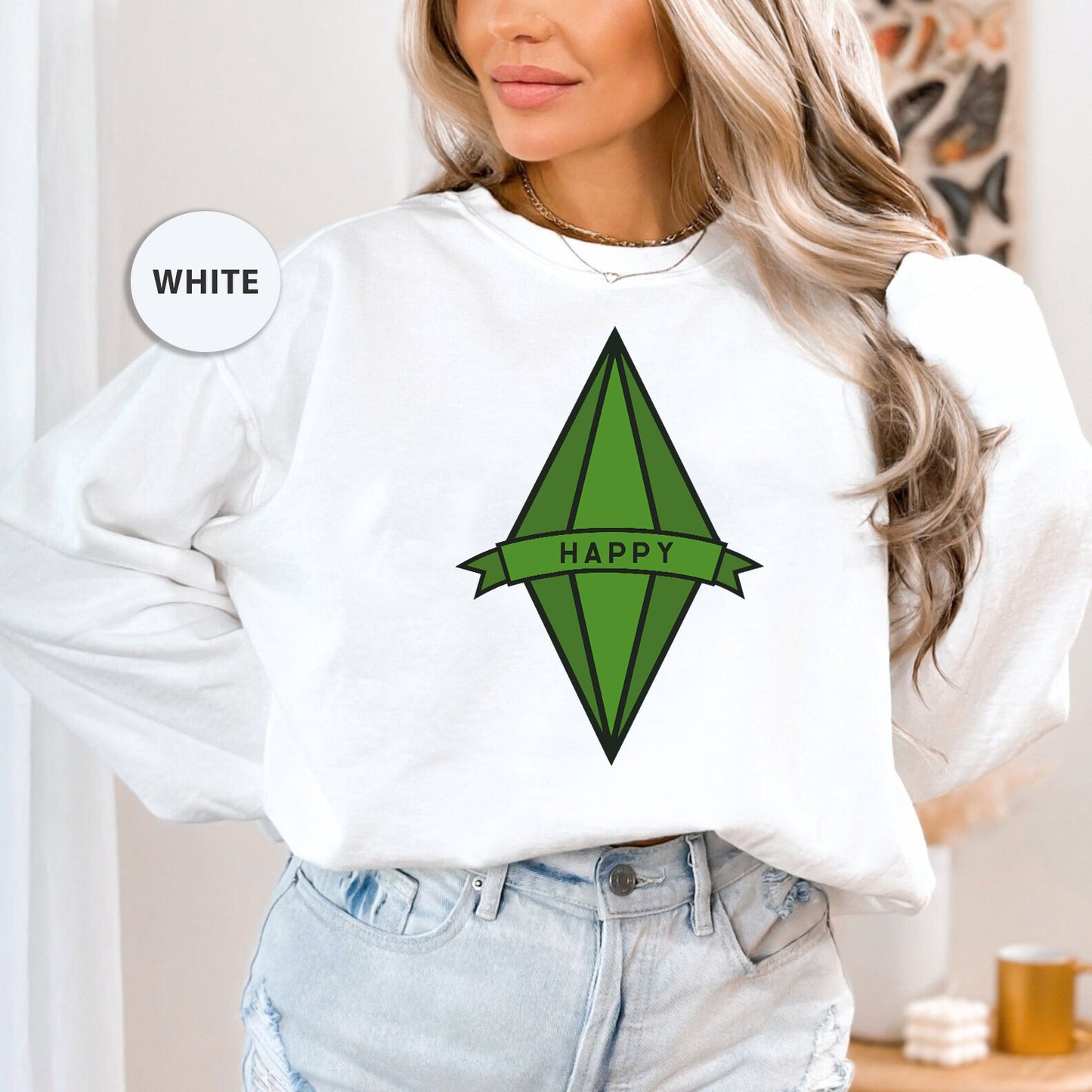 a woman wearing a white crop top with a green arrow on it