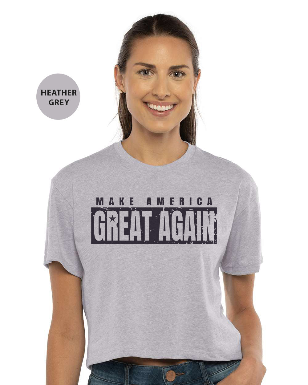 a woman wearing a grey shirt that says make america great again