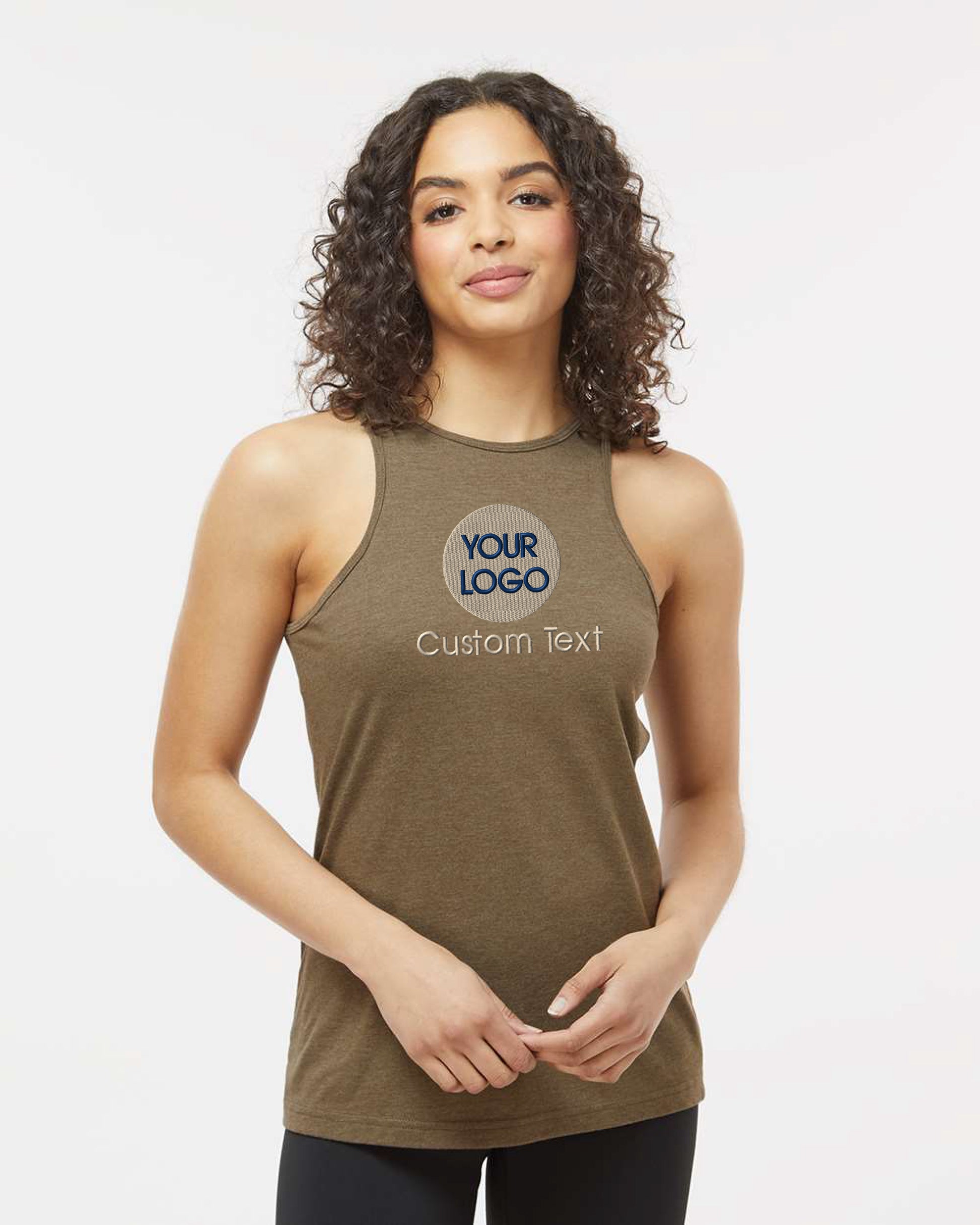 a woman wearing a tank top with a logo on it